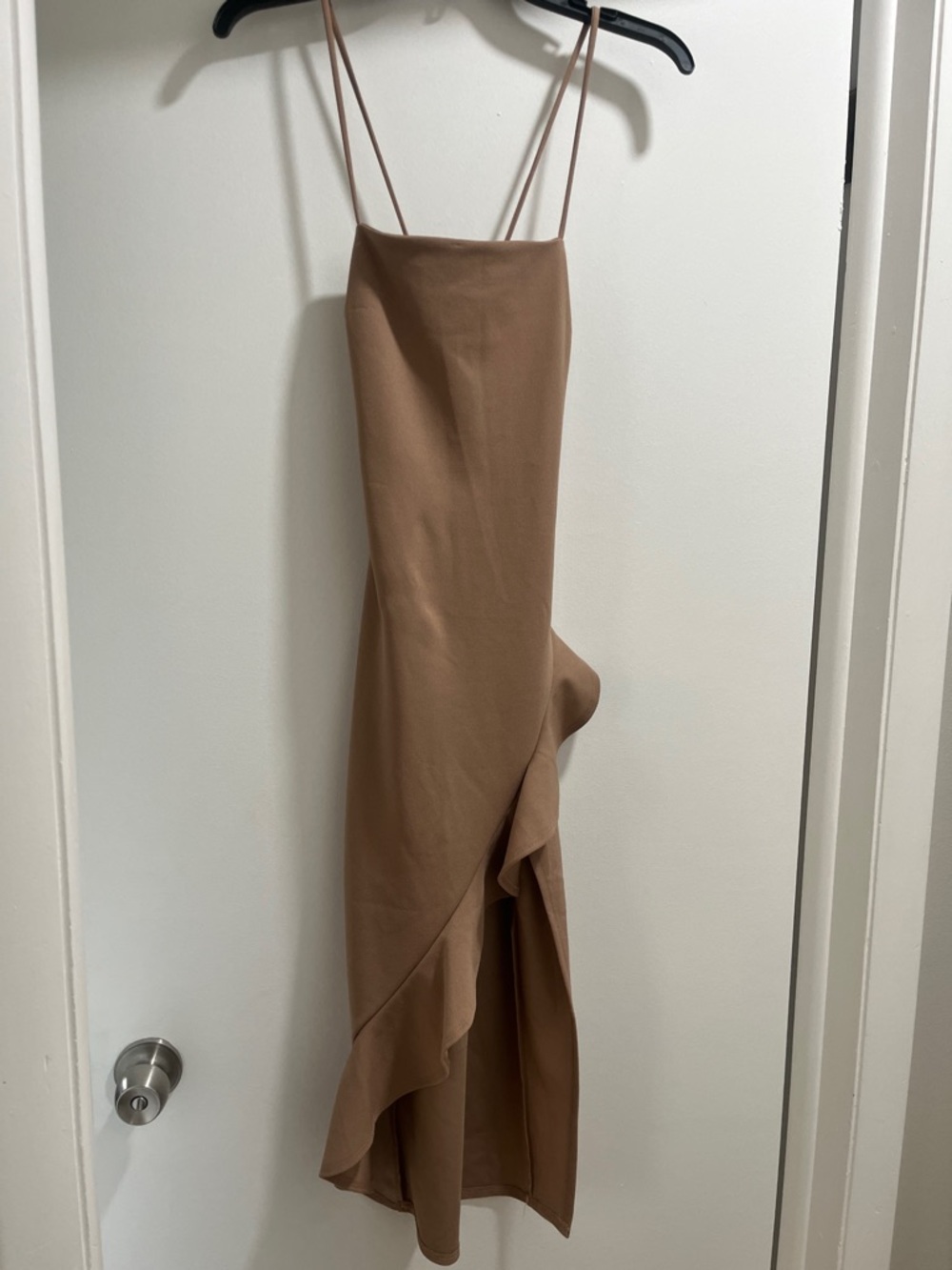 Windsor Tan Brown Midi Slip Dress with Ruffle Hem